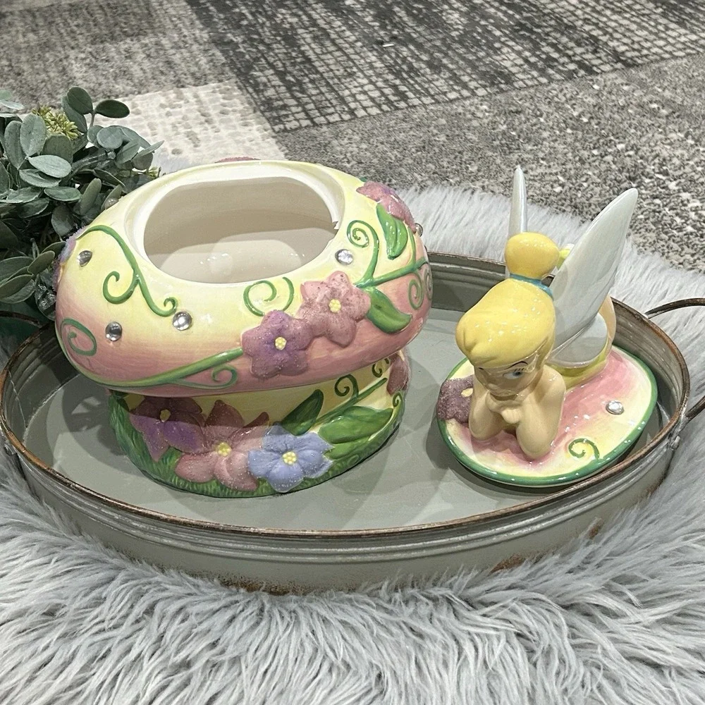 Disney Tinkerbell‎ Mushroom Cookie Jar With Jewels And Flowers Read***